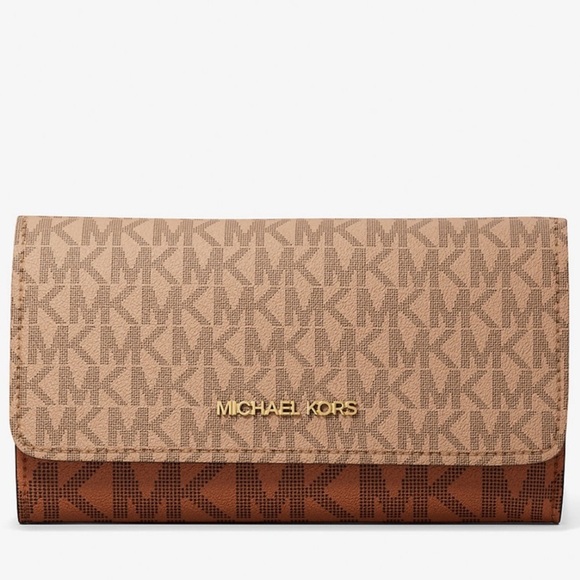 Michael Kors Jet Set Large Signature Logo TriFold Wallet Camel Multi - Picture 1 of 7
